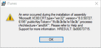 itunes error occurred during installation assembly microsoft vc80
