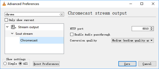 chromecast stream settings in VLC