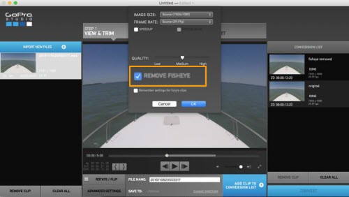 remove fisheye Quik's GoPro Studio