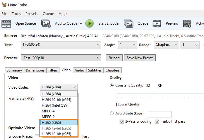 Convertir H.264 en H.265 Handbrake