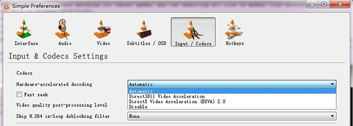 Отключить hardware accelerated decoding в vlc