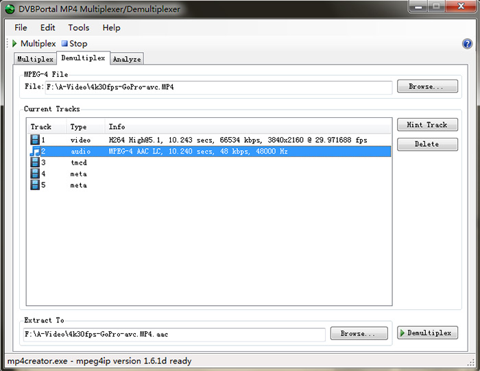 using xvid4psp to demux mp4 file