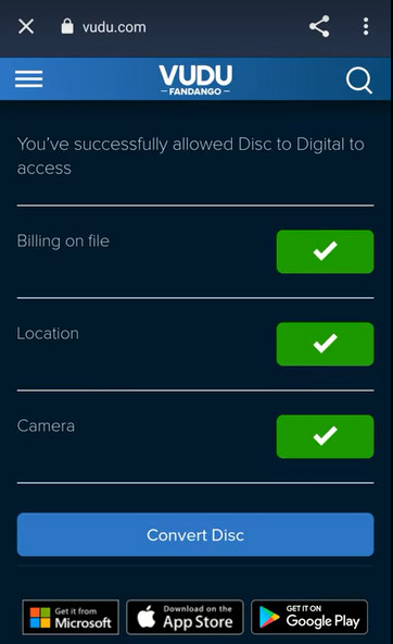 Convert DVD to digital with VUDU - allow app permissions