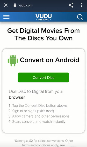 Convert DVD to digital with VUDU - tap Convert Disc