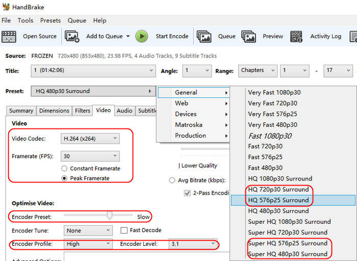 handbrake rip dvd encode settings