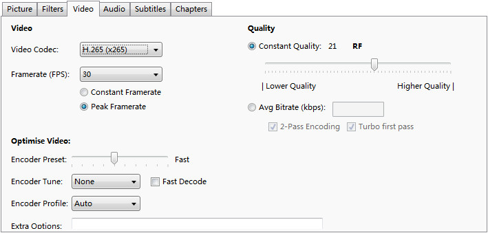 handbrake settings for web streaming