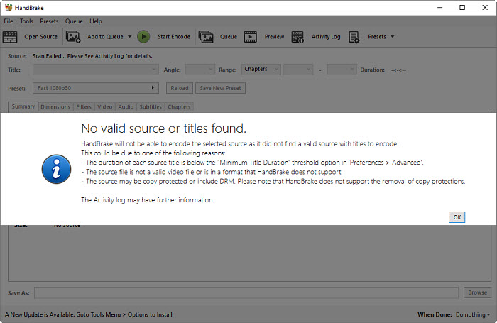 Handbrake No Valid Source Or Titles Found Reddit