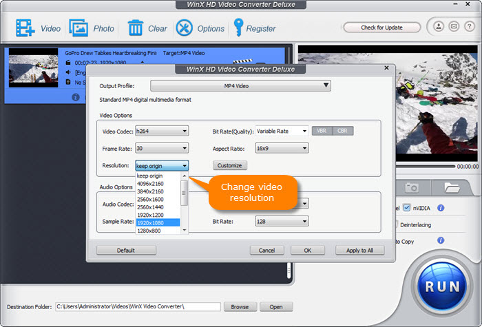 Change video resolution, frame rate, bit rate etc