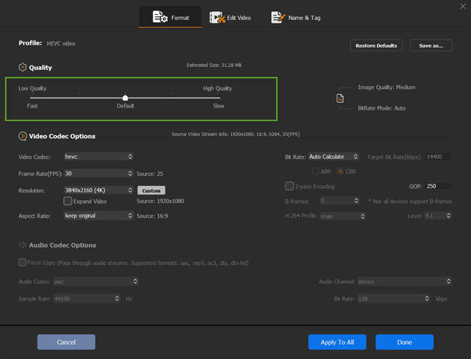 change video parrameter to downsize video file