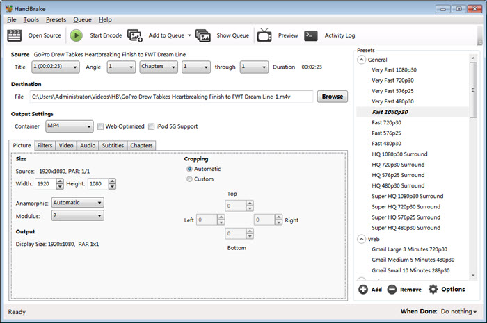 handbrake reduce file size