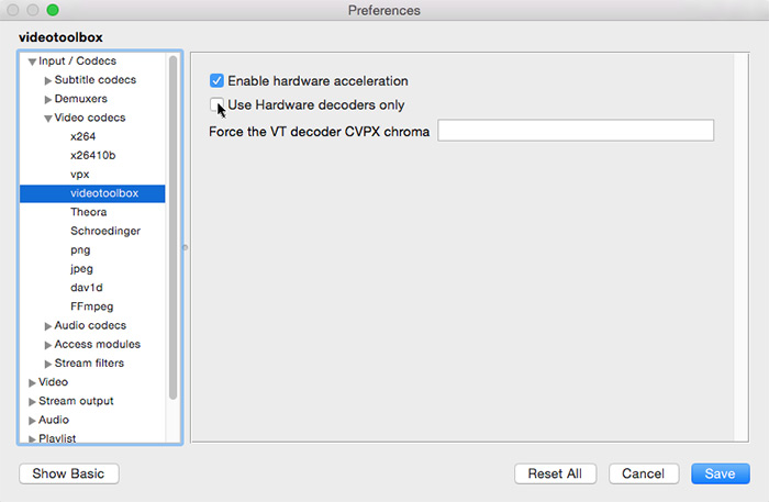 Отключить hardware accelerated decoding в vlc