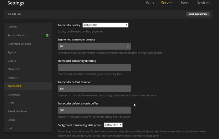 Plex transcoder advanced settings