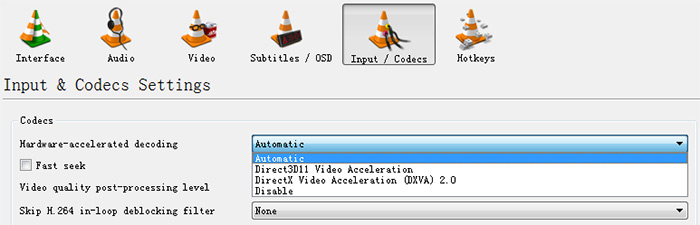 Отключить hardware accelerated decoding в vlc