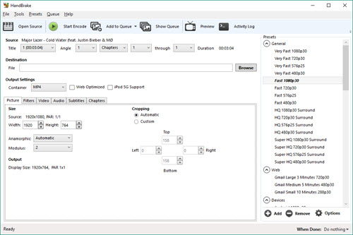 Convertir H.265 en H.264 avec Handbrake